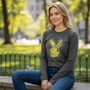 Vintage Playboy Long Sleeve T Shirt Black Yellow Halftone Bunny Logo Graphic Tee